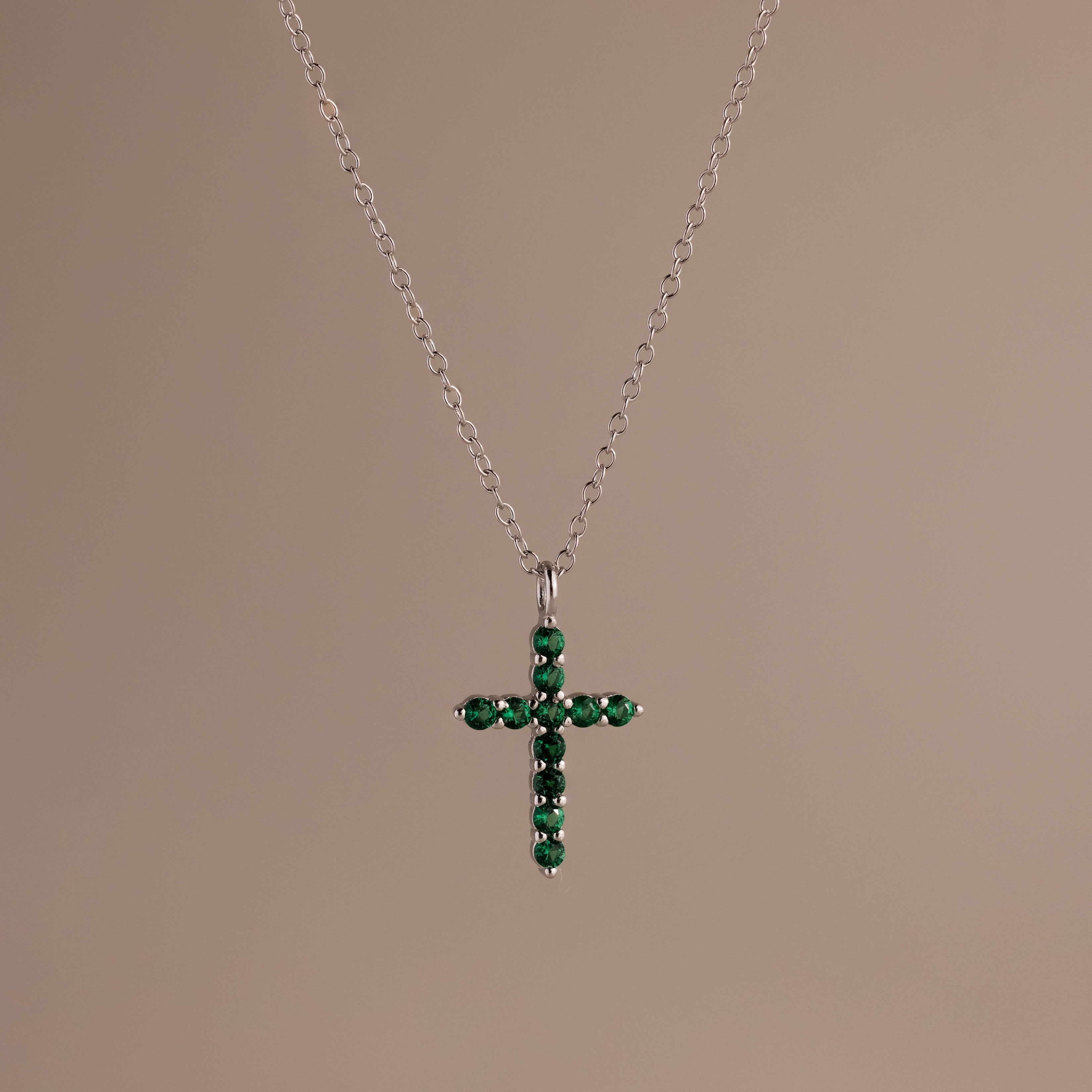 Pave Emerald Cross Necklace in Silver - Image 3