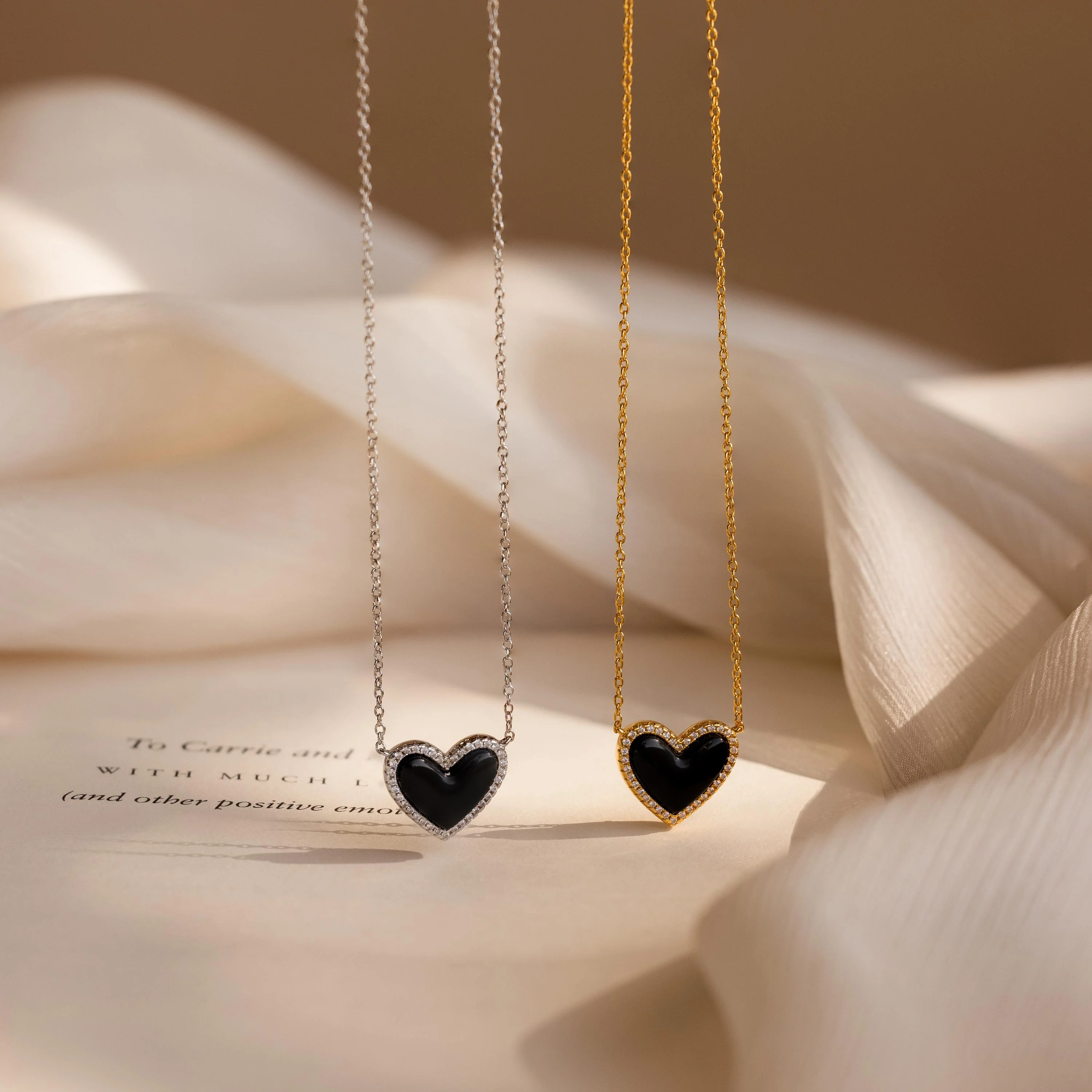 Pave Onyx Puff Heart Necklace in 18K Gold - Image 6