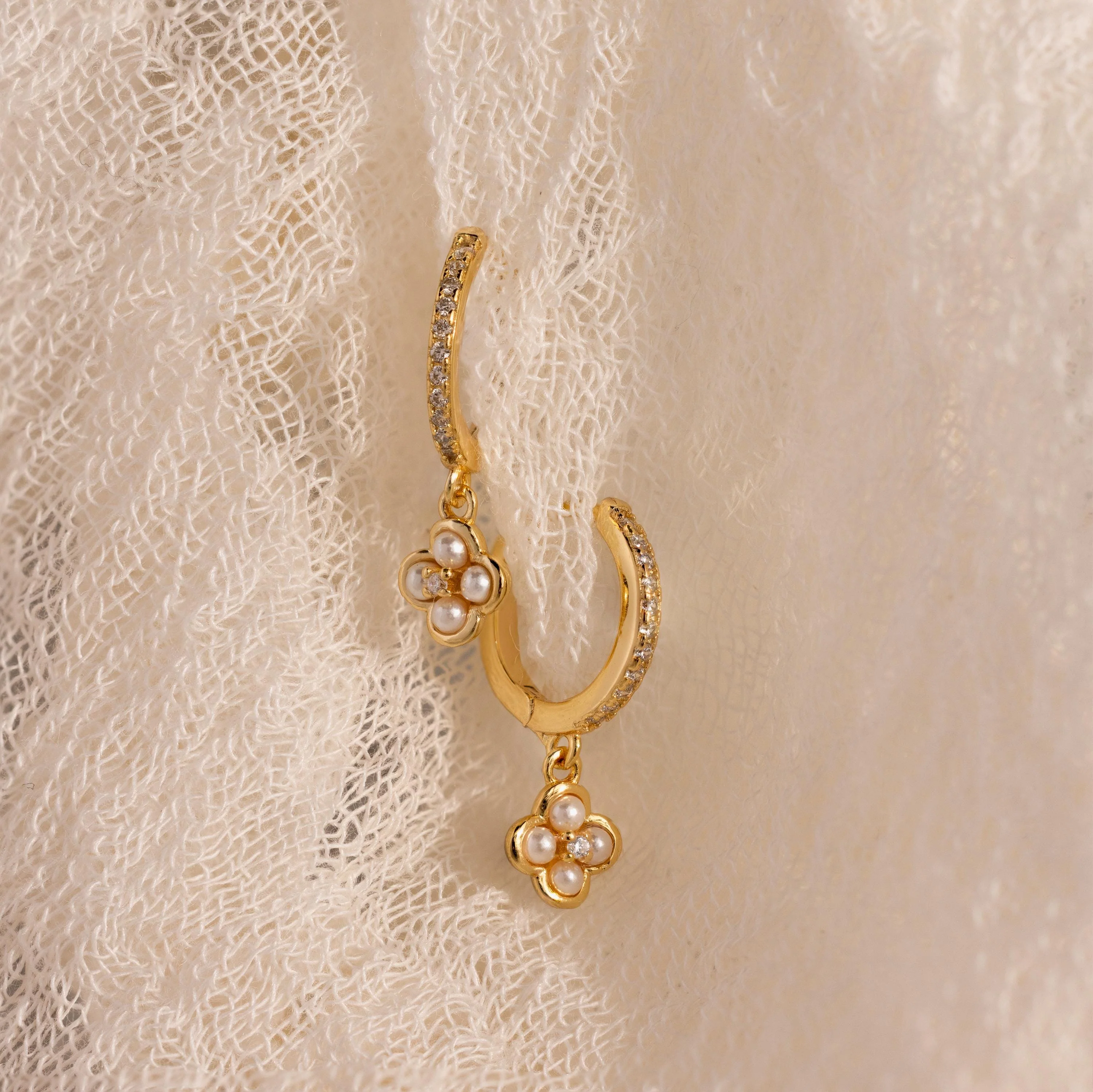 Pave Rounded Pearl Flower Hoops in 18K Gold - Image 3