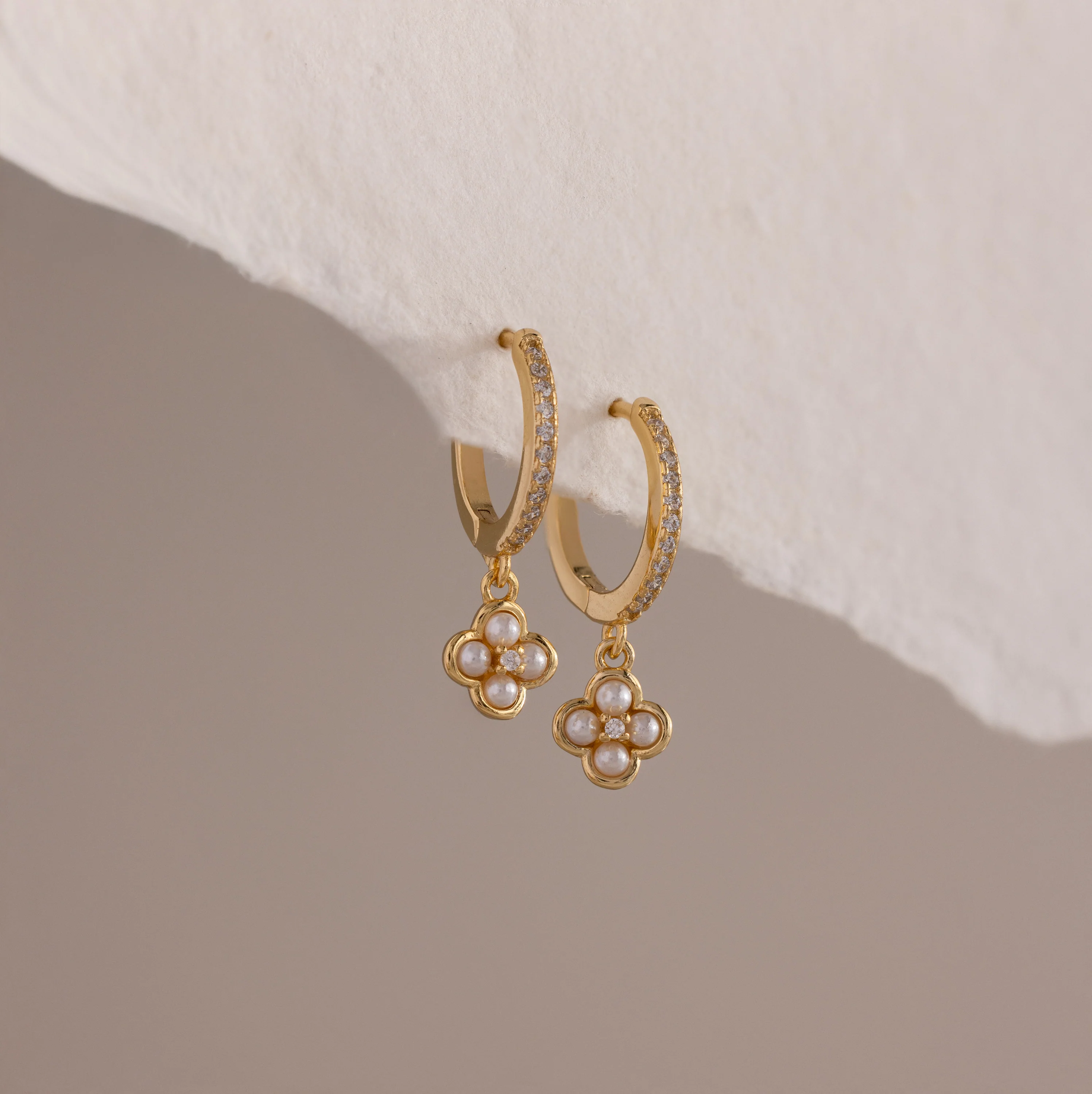 Pave Rounded Pearl Flower Hoops in 18K Gold - Image 7