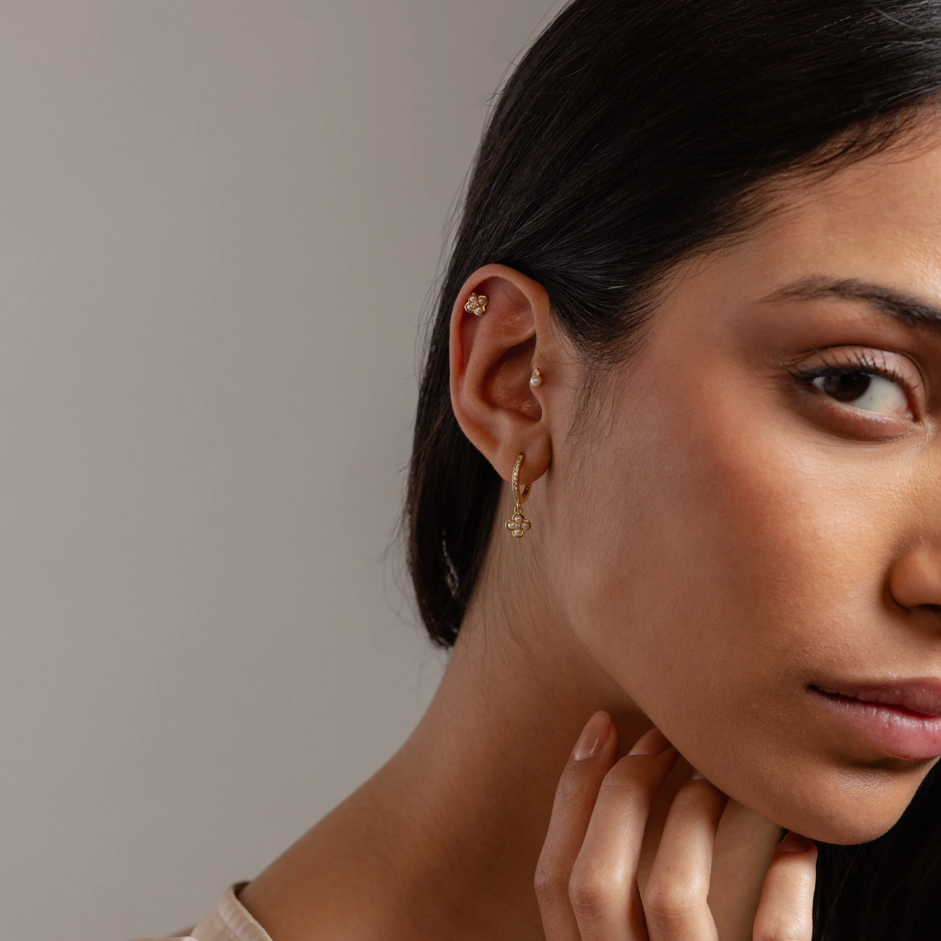Pave Rounded Pearl Flower Hoops in 18K Gold - Image 8