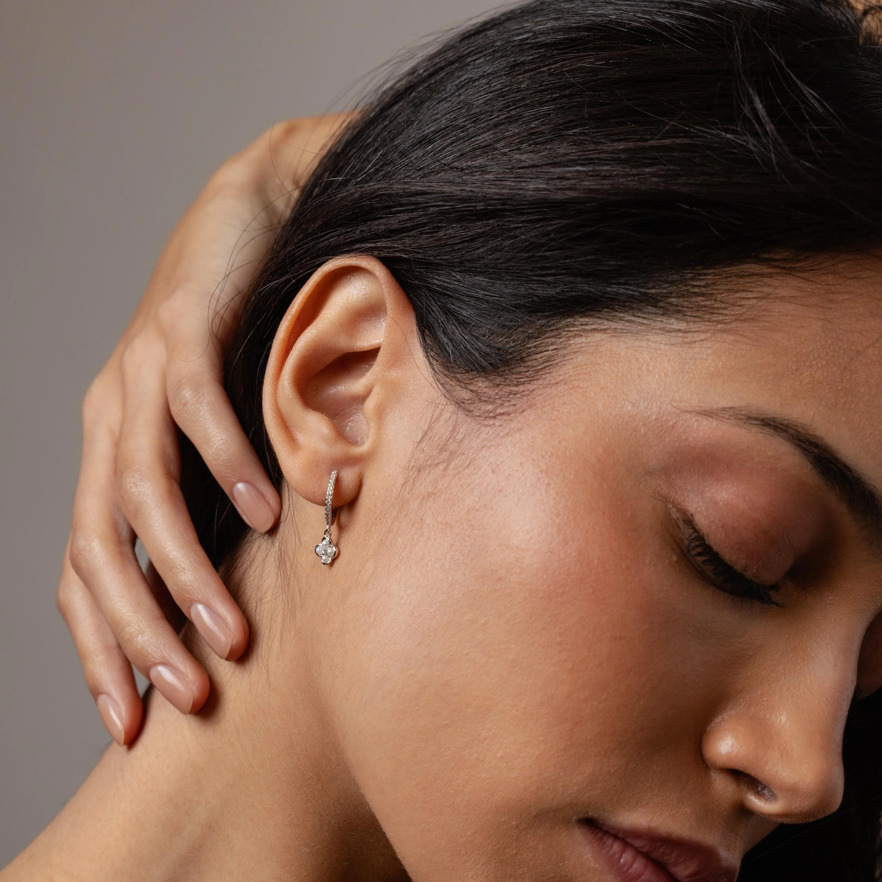 Pave Rounded Pearl Flower Hoops - Image 5