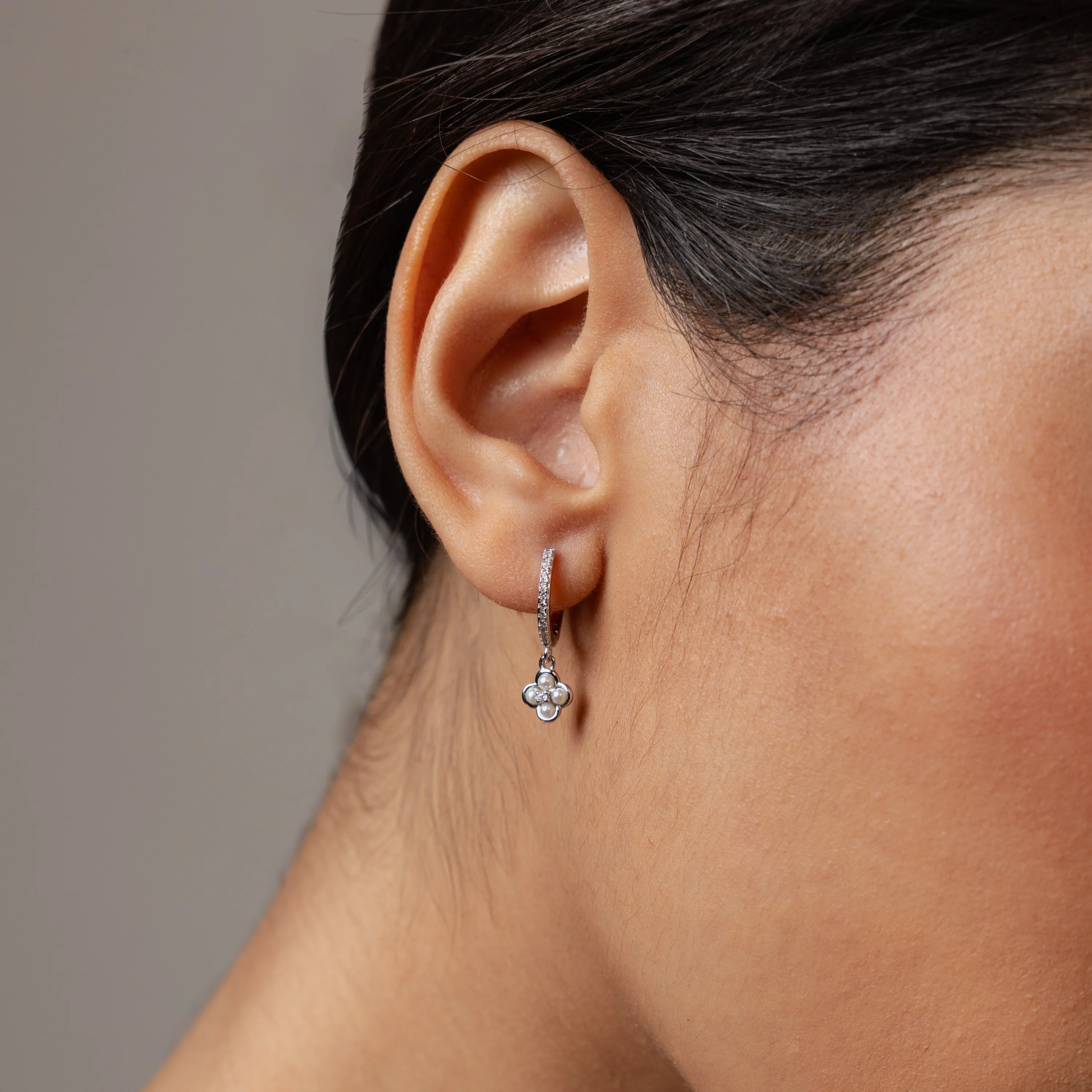 Pave Rounded Pearl Flower Hoops in Silver - Image 2