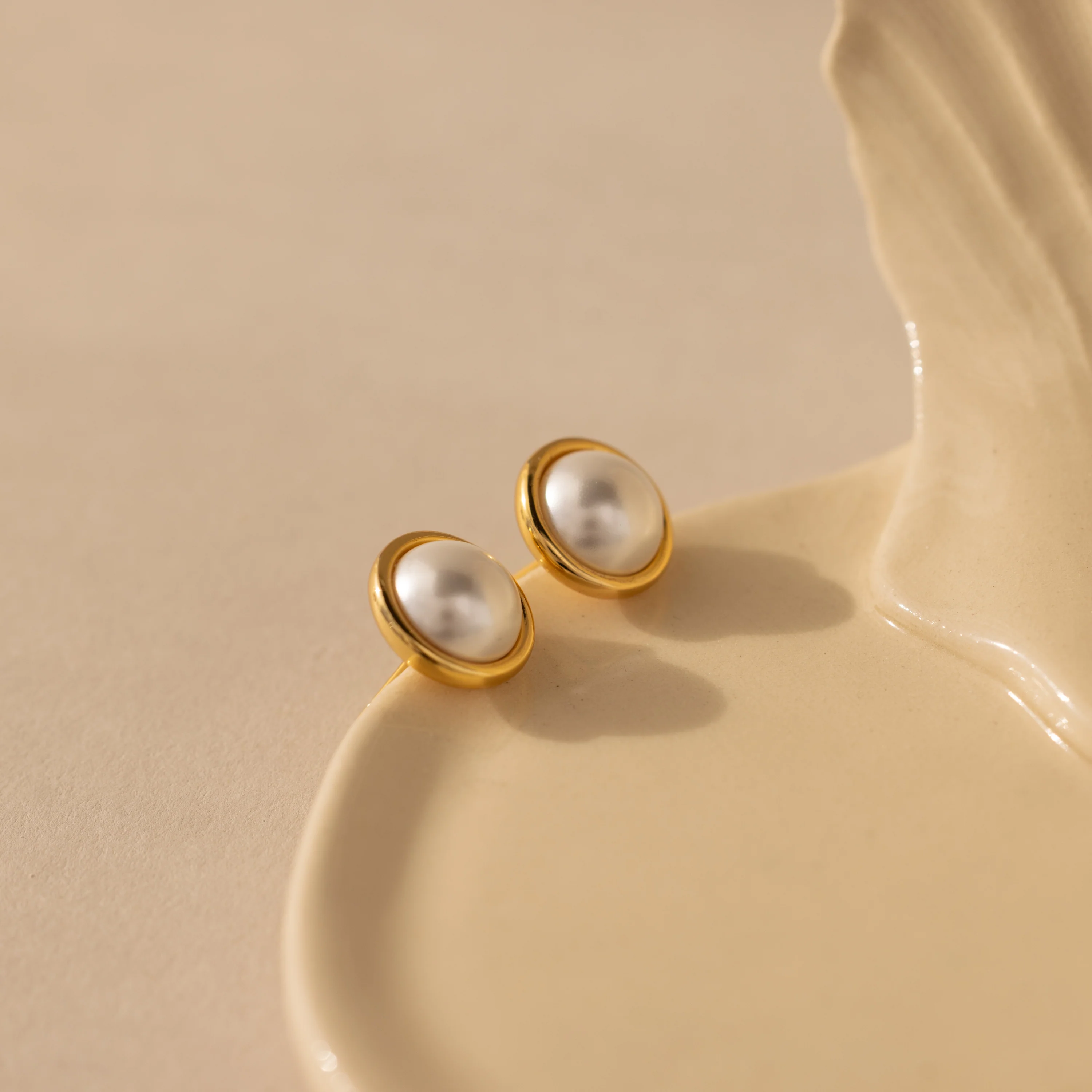 Pearl Bezel Studs in 18K Gold - Image 3