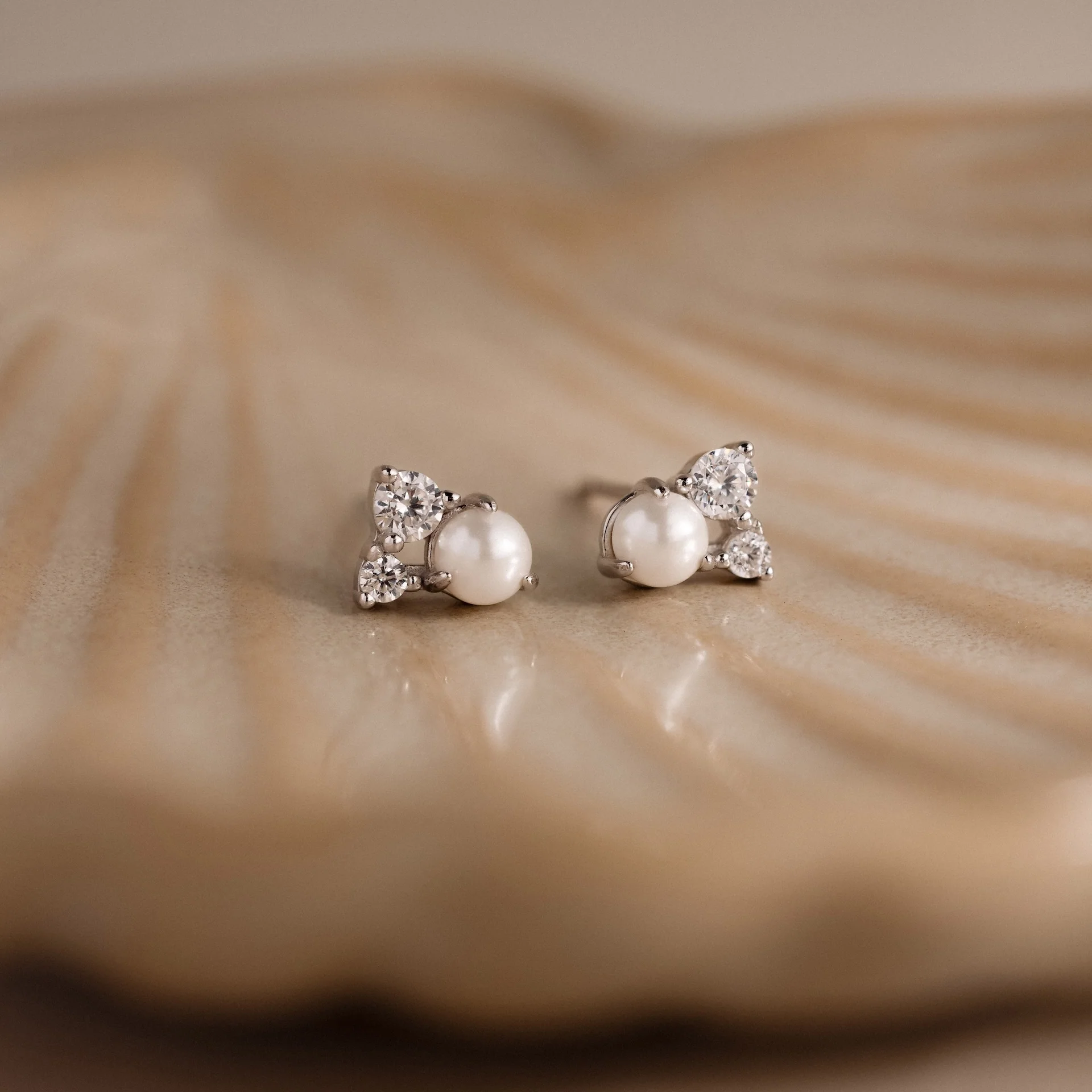 Pearl Diamond Cluster Studs in Silver - Image 5