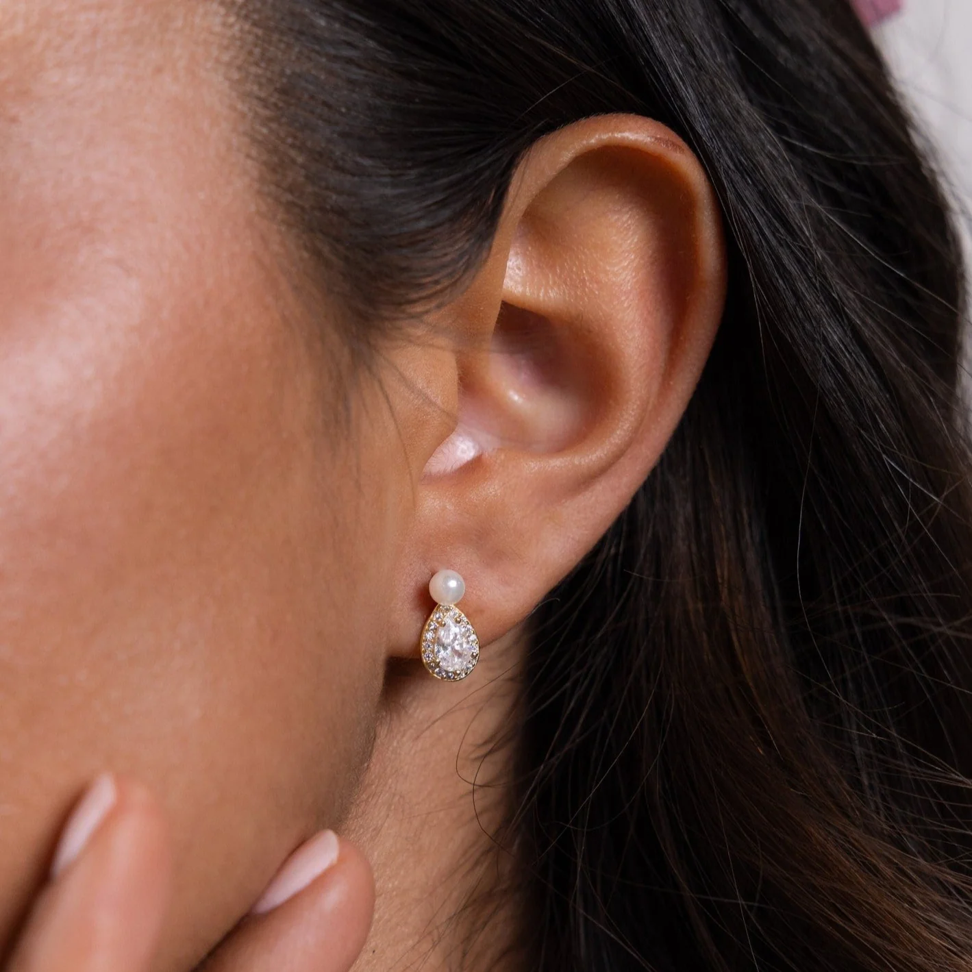Pearl Diamond Teardrop Studs - Image 2