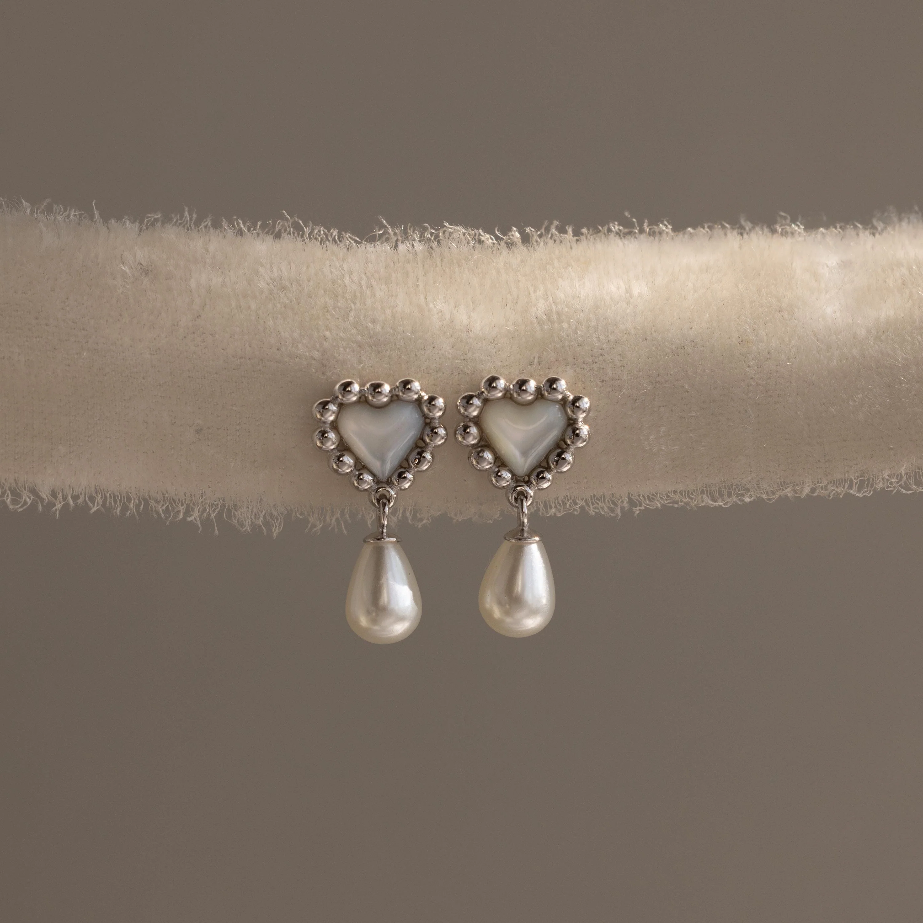 Pearl Heart Beaded Drop Studs in Silver