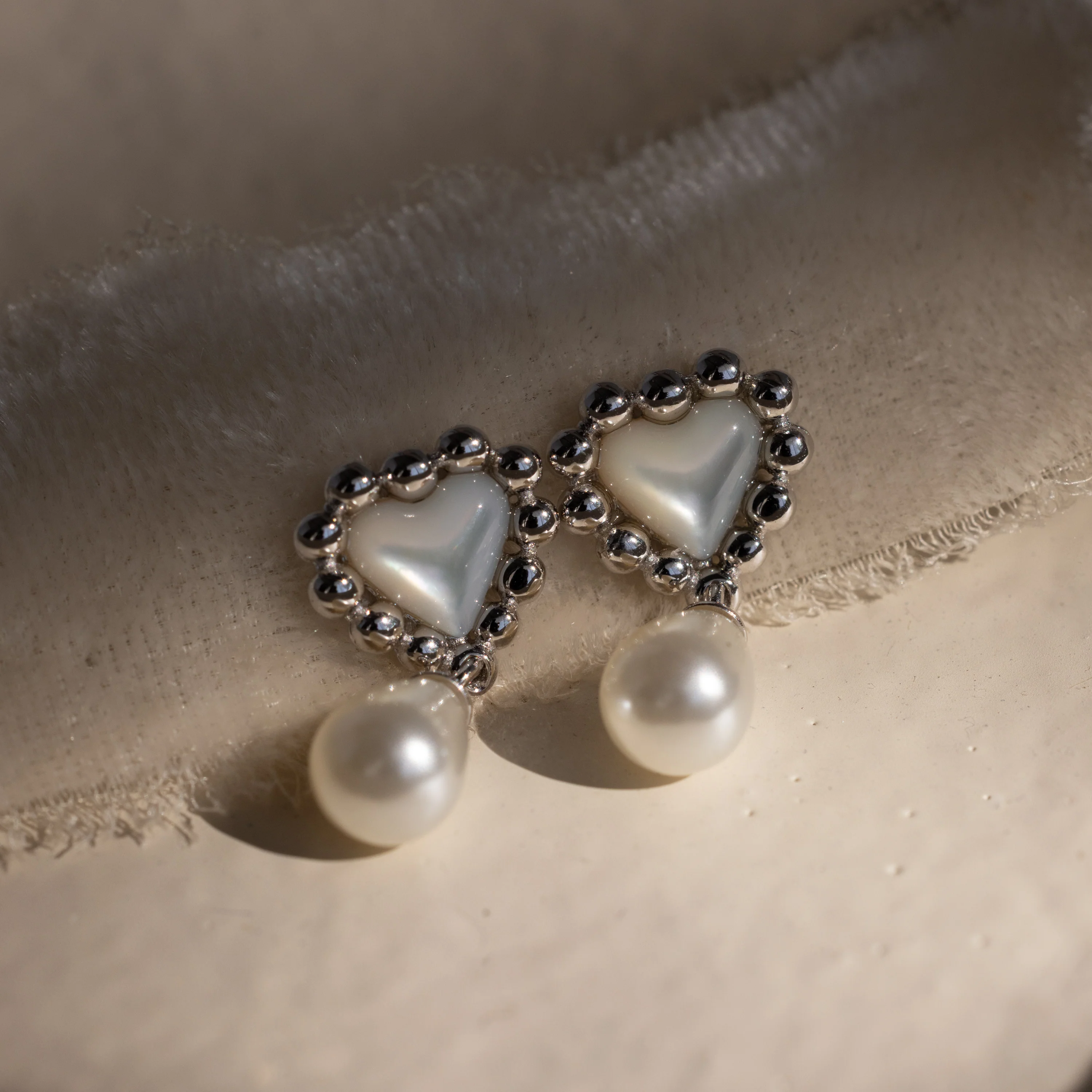 Pearl Heart Beaded Drop Studs in Silver - Image 3