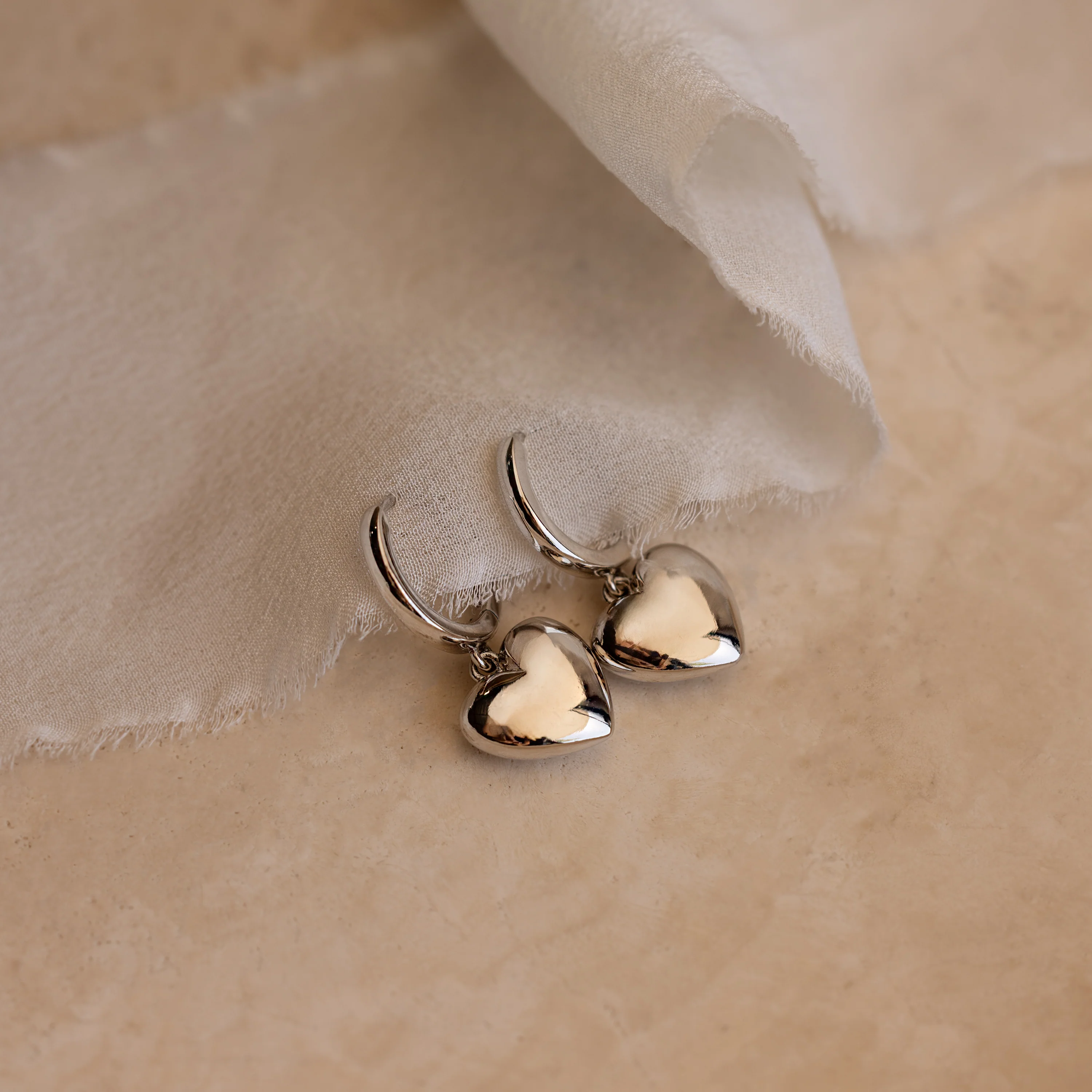 Puff Heart Charm Huggies in Silver - Image 3