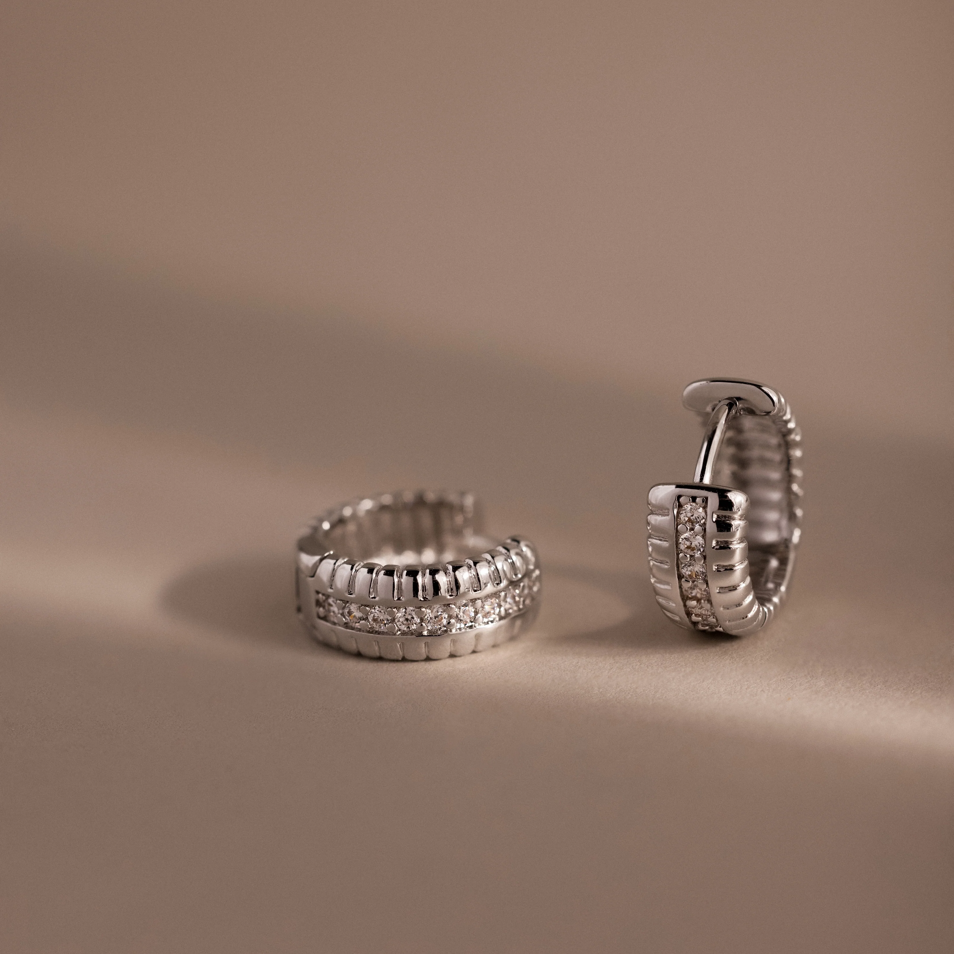 Ribbed Pave Huggies in Silver - Image 3