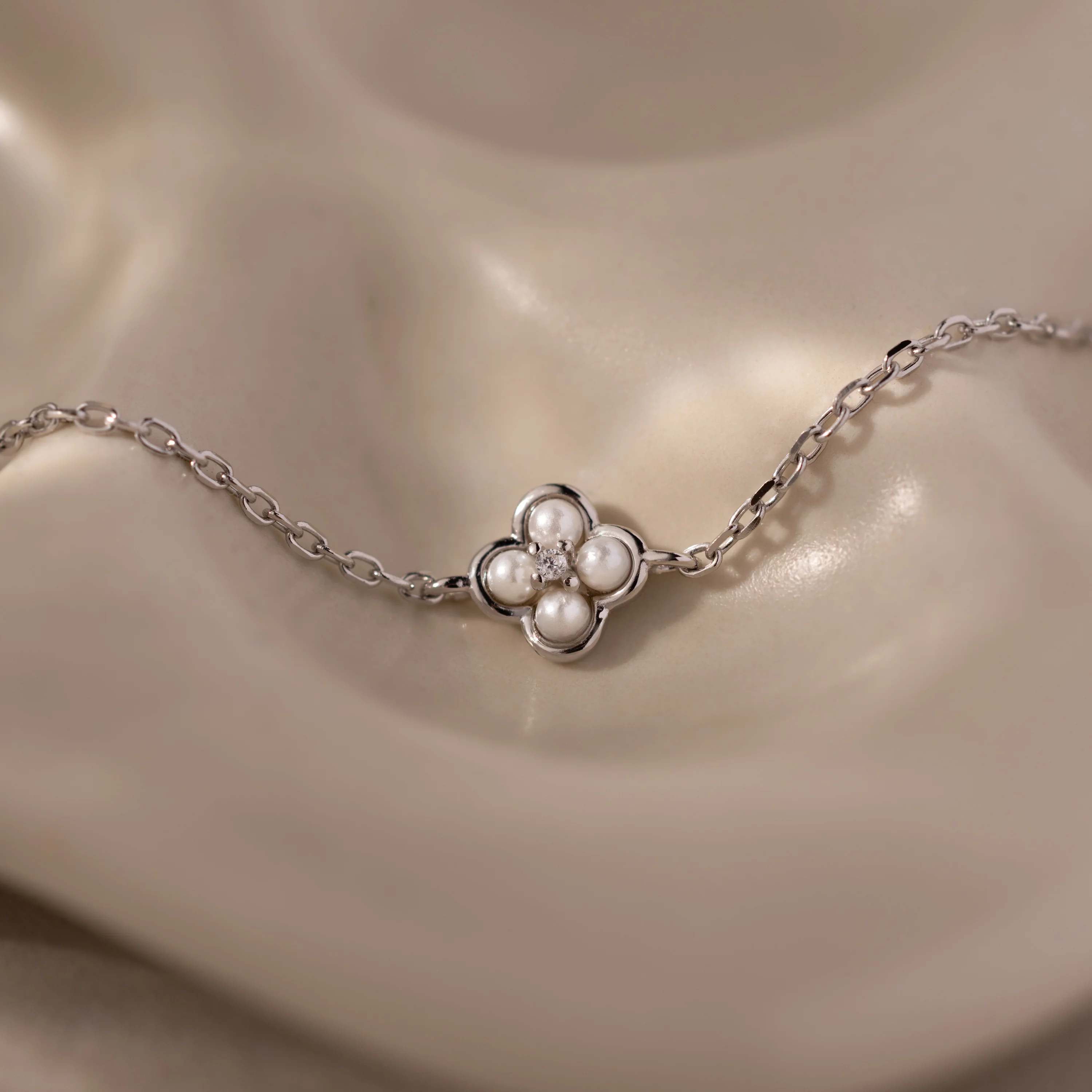 Rounded Pearl Flower Bracelet in Silver - Image 3