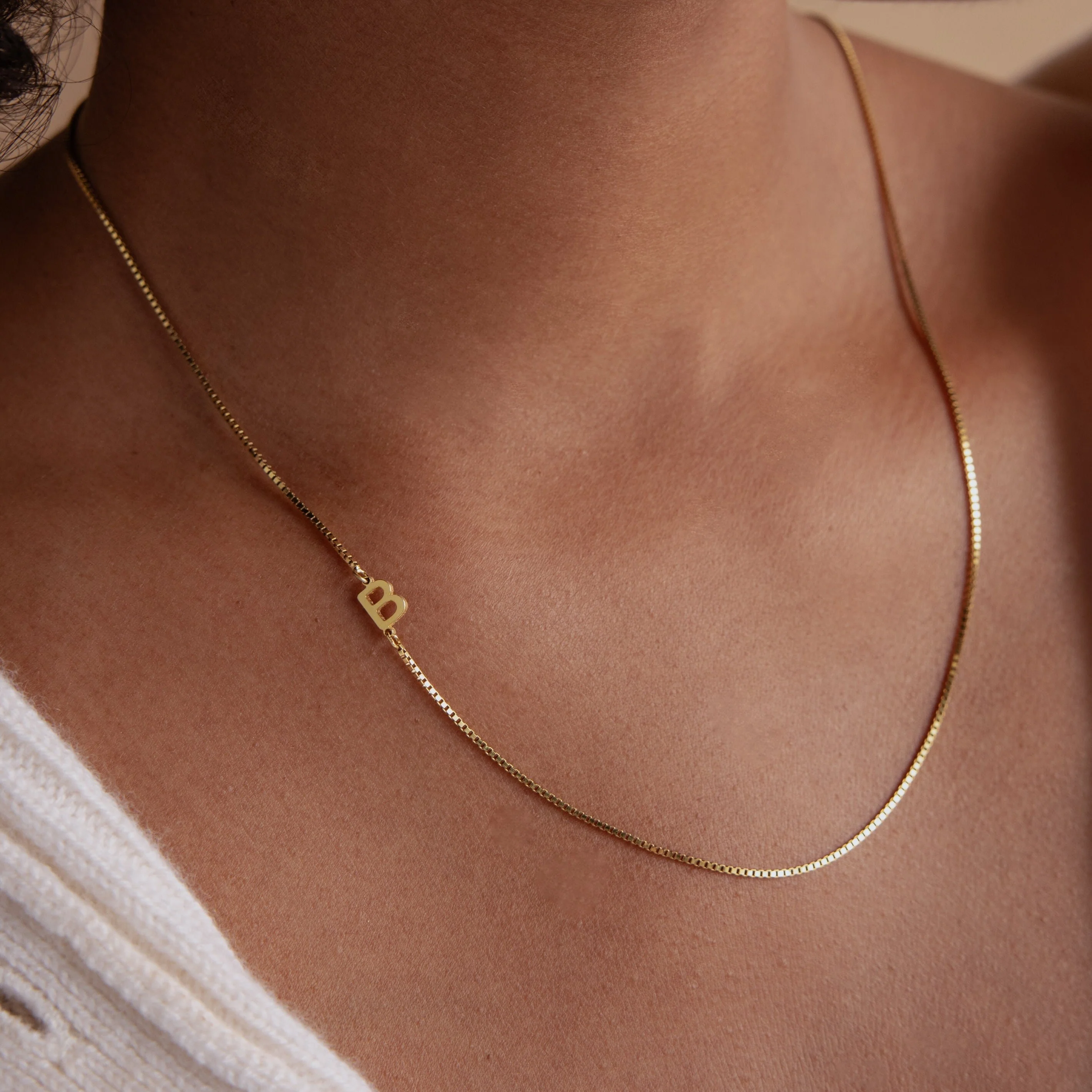Sideways Initial Necklace in Box Chain - Image 7
