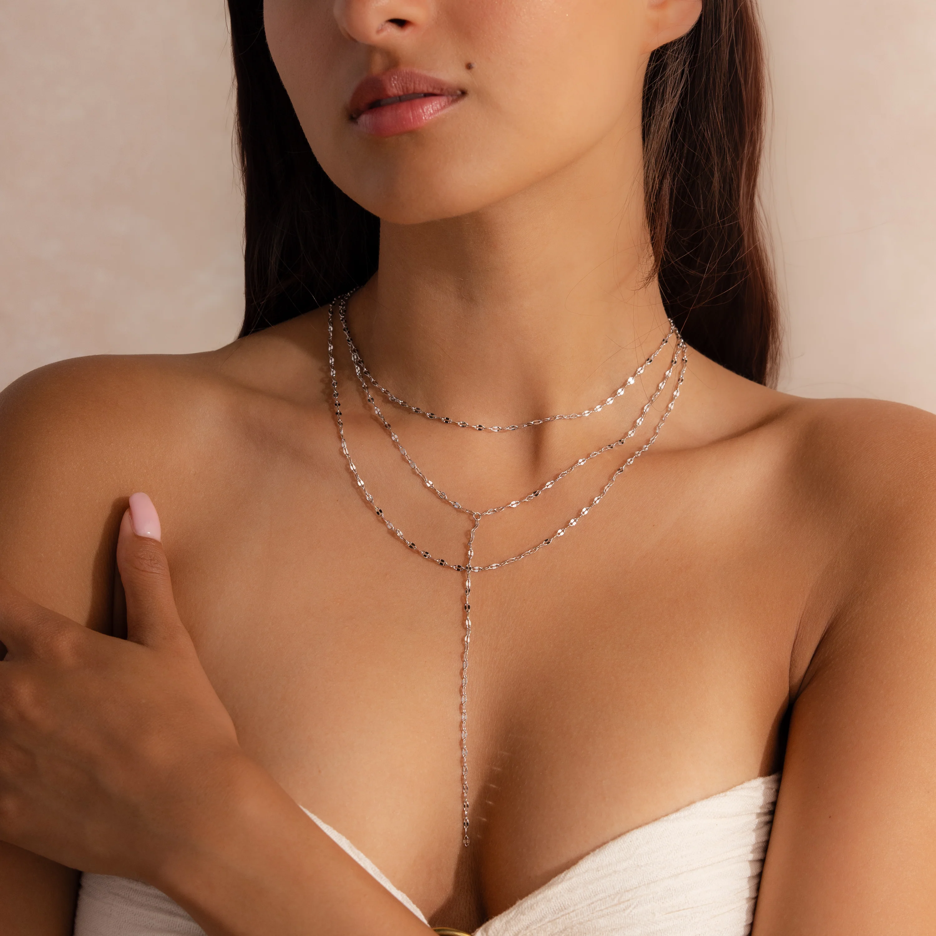 Sparkling Layered Lariat Necklace in Silver - Image 4