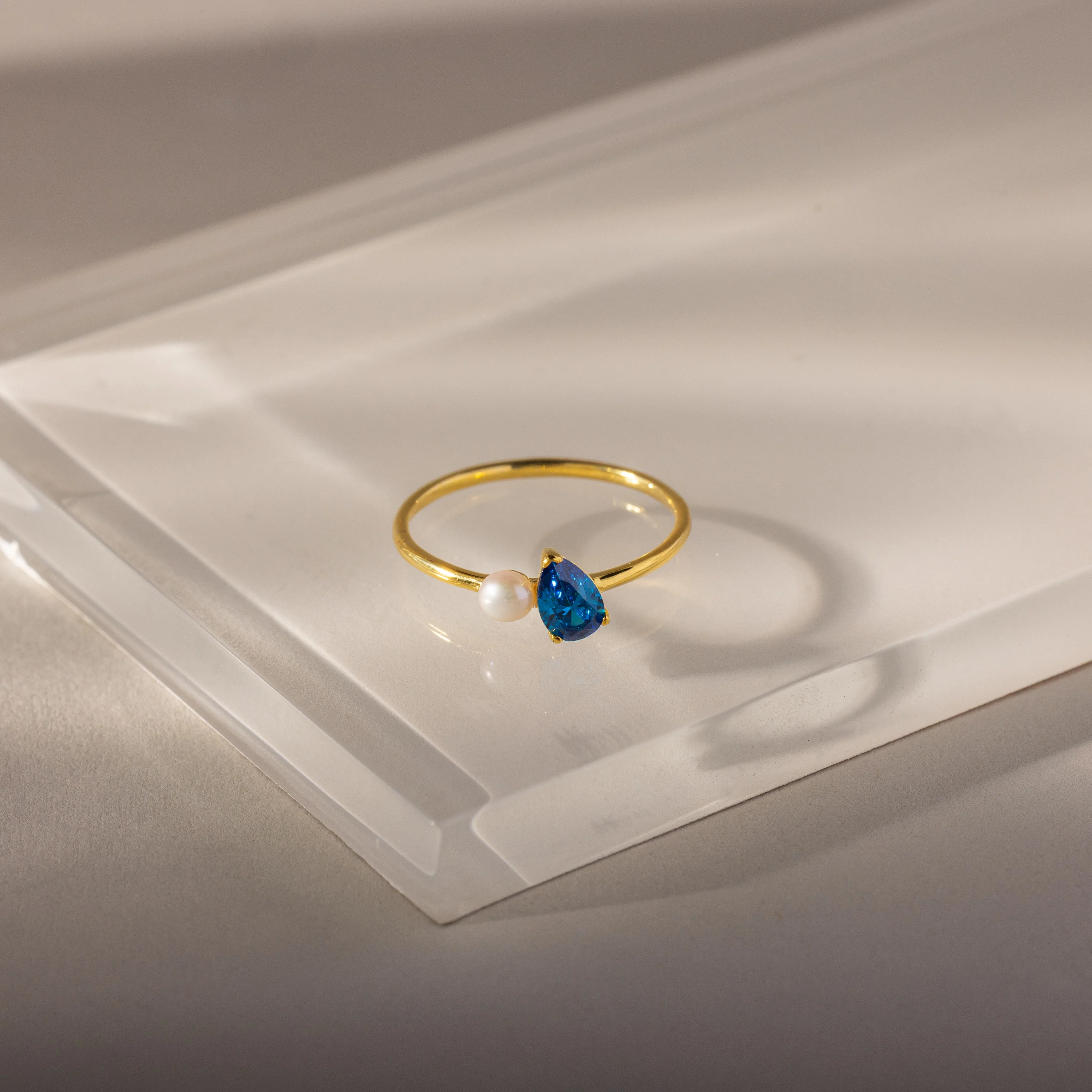 Teardrop Blue Zircon & Pearl Ring