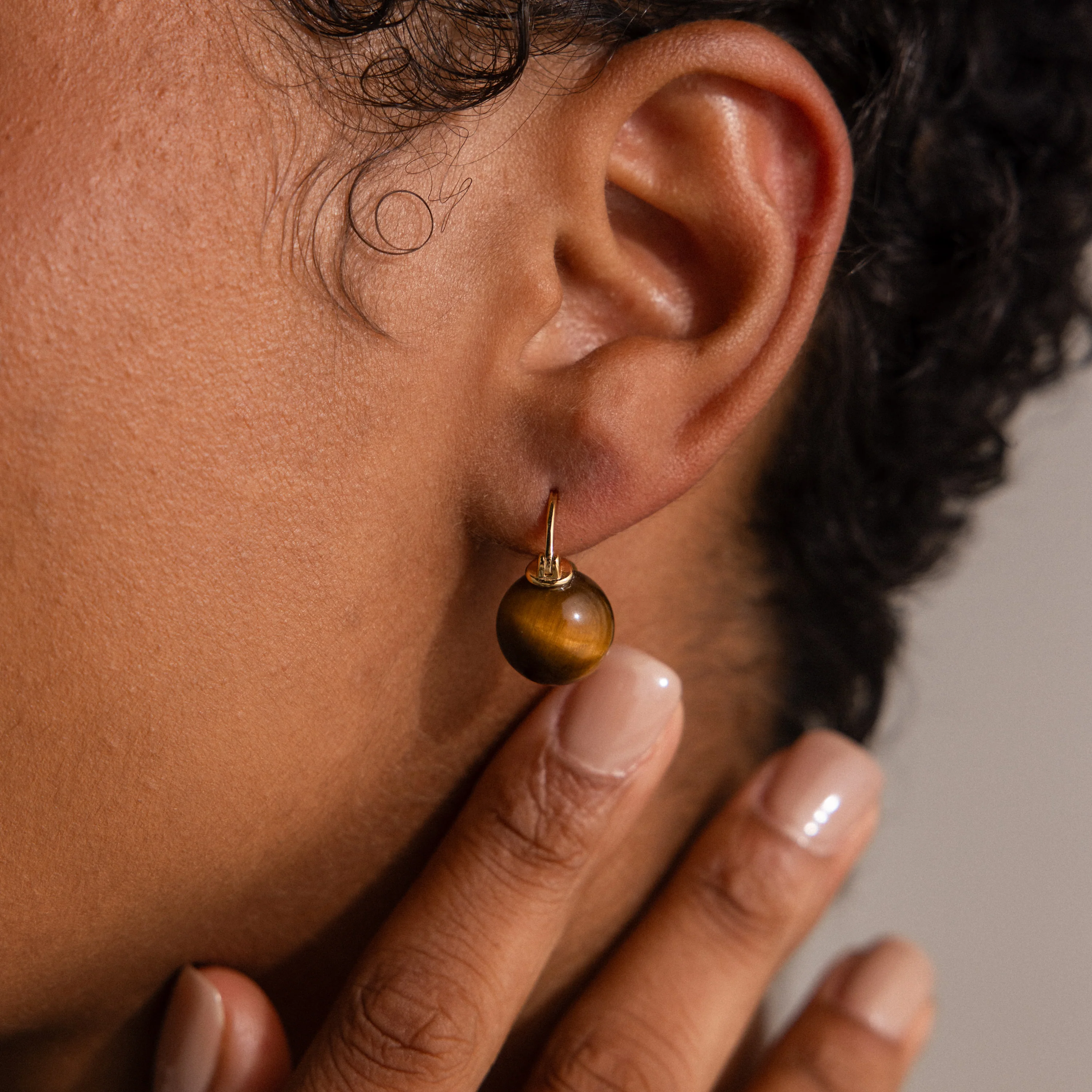 Tiger's Eye Dome Drop Earrings in 18K Gold - Image 2