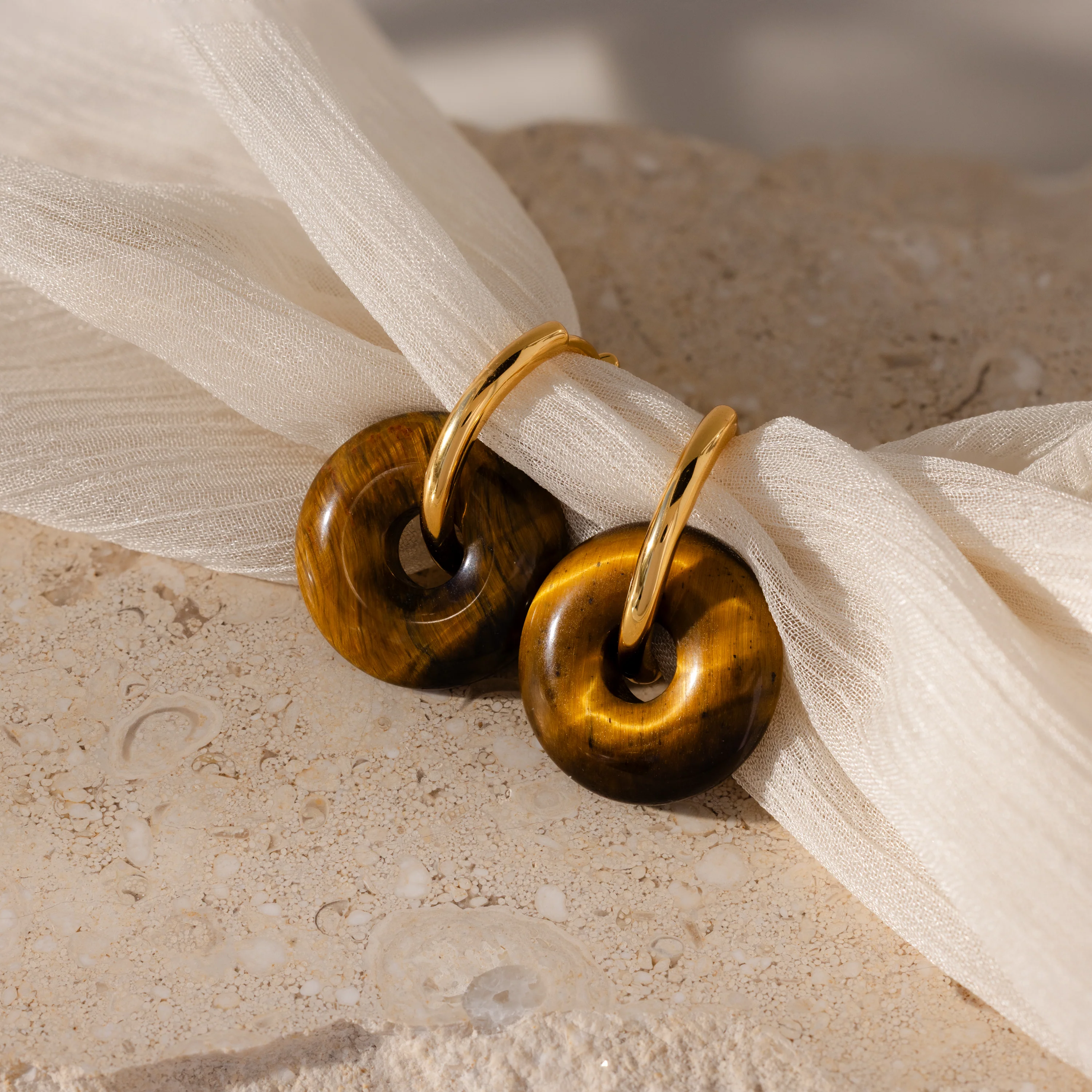 Tiger's Eye Duo Hoops in 18K Gold - Image 3