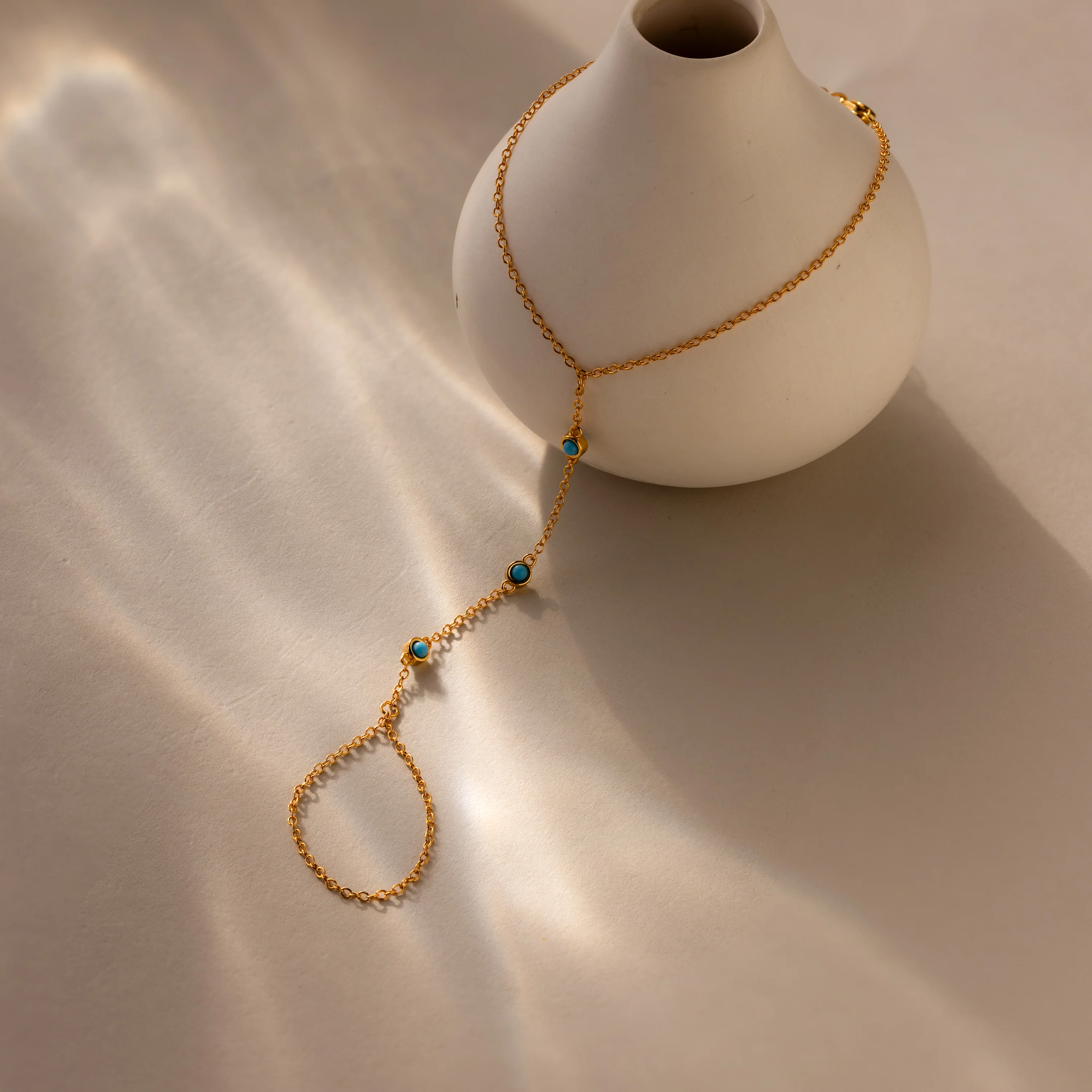 Turquoise Hand Chain Bracelet in 18K Gold - Image 6